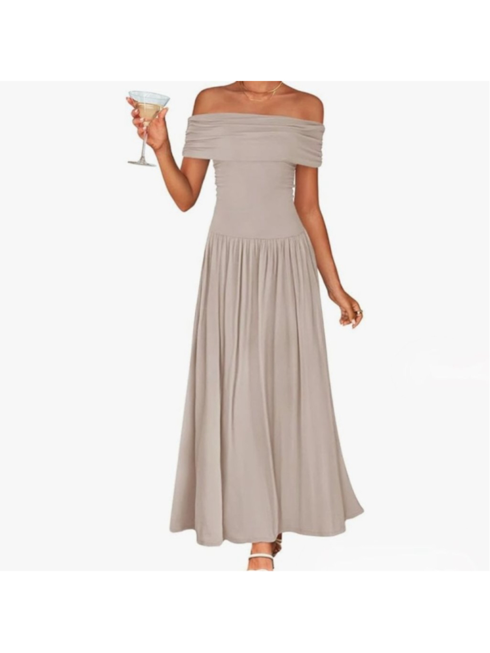 New Beige Off-Shoulder Maxi Dress S - Stretchy Breathable Winery Wedding Guest